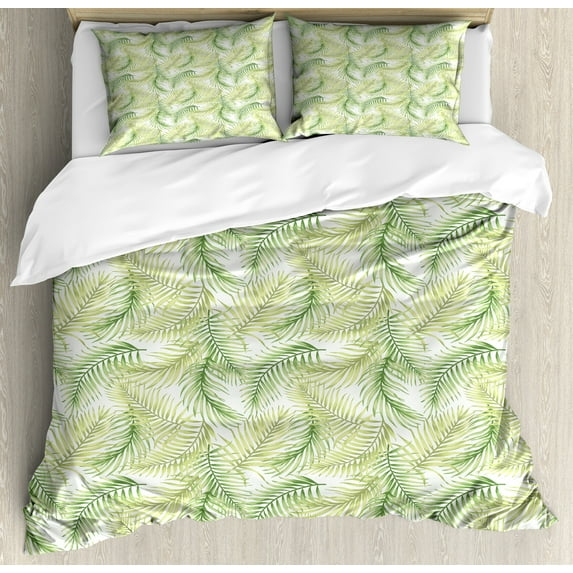Palm Leaf Duvet Cover Set, Green Leaves of Coconut Palms Watercolor Style Fresh Nature Pattern, Decorative 3 Piece Bedding Set with 2 Pillow Shams, Queen Size, Fern Green Pale Green, by Ambesonne