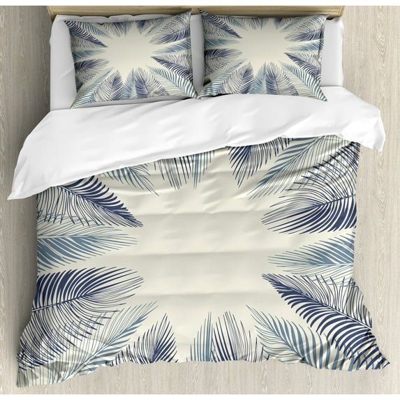 Palm Leaf Duvet Cover Set, Hand Drawn Leaves Framework Floral Environment Theme, Decorative 3 Piece Bedding Set with 2 Pillow Shams, Queen Size, Slate Blue Dark Blue, by Ambesonne