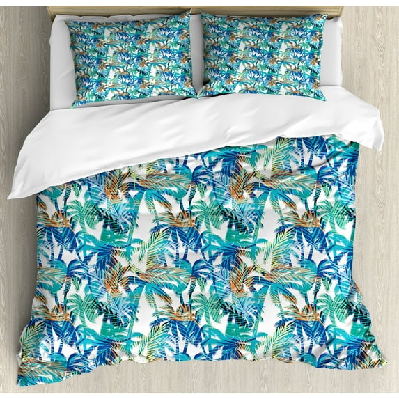 Palm Leaf Duvet Cover Set, Tropical Summer Print with Palm Abstract Nature Pattern Fantasy Dream, Decorative 3 Piece Bedding Set with 2 Pillow Shams, King Size, Blue Mint Green Orange, by Ambesonne