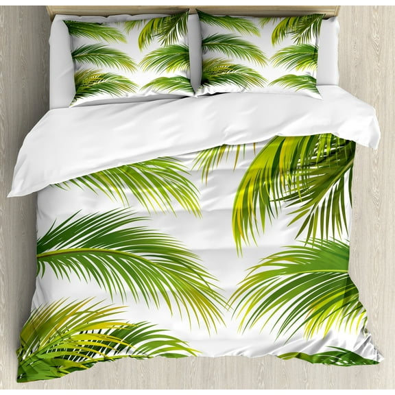 Palm Leaf Duvet Cover Set, Vivid Palm Leaves Growth Jungle Foliage Summer Forest Botany, Decorative 3 Piece Bedding Set with 2 Pillow Shams, Calking Size, Lime Green White and Green, by Ambesonne