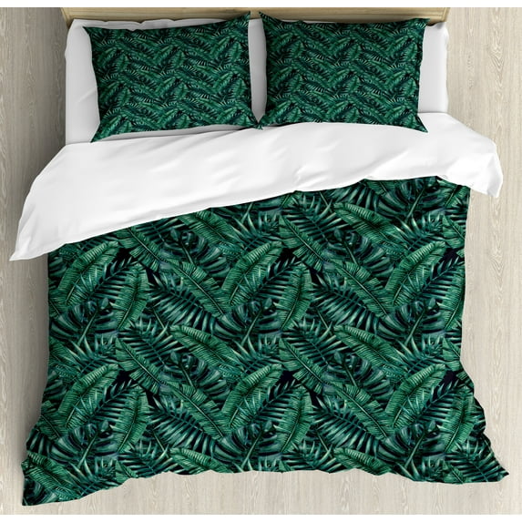 Palm Leaf Duvet Cover Set, Watercolor Tropical Jungle Leaves Pattern Fresh Rainforest Hawaii Summer, Decorative 3 Piece Bedding Set with 2 Pillow Shams, Queen Size, Dark Green Black, by Ambesonne