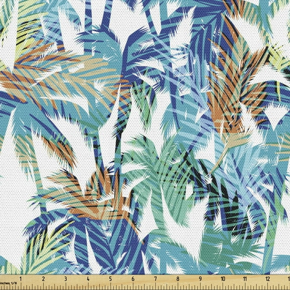 Ambesonne Palm Leaf Fabric by the Yard Upholstery, Abstract Nature Dream, 1 Yard, Blue Mint Green Orange