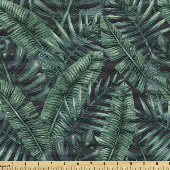 Ambesonne Palm Leaf Fabric by the Yard Upholstery, Fresh Hawaii Summer, 3 Yards, Dark Green Black