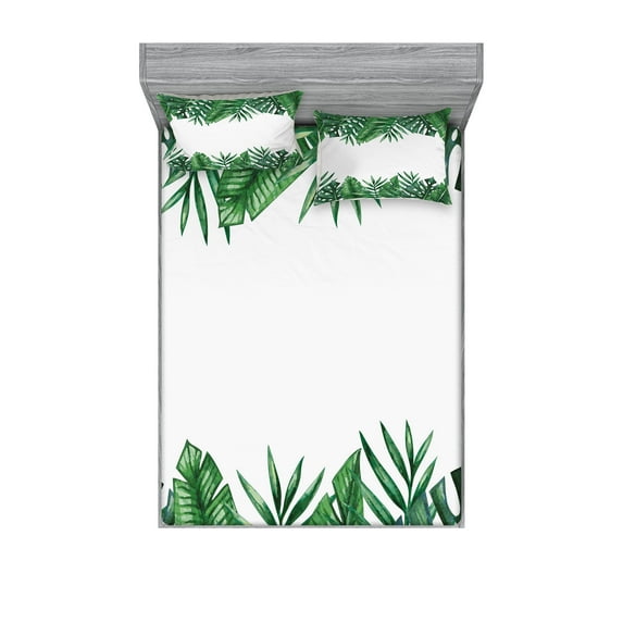 Palm Leaf Fitted Sheet & Pillow Sham Set, Framework with Rainforest Foliage Leaves in Watercolors, Decorative Printed 6 Piece Bedding Decor Set, Queen, Hunter Green, by Ambesonne