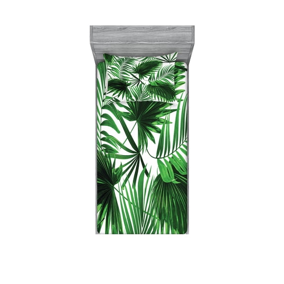 Palm Leaf Fitted Sheet & Pillow Sham Set, Realistic Vivid Leaves of Palm Tree Growth Ecology Botany Themed Print, Decorative Printed 4 Piece Bedding Decor Set, Twin, Fern Green White, by Ambesonne