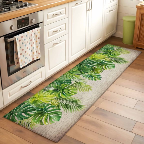 Palm Leaf Hallway Washable Runner Rug 2x6 Watercolor Green Tropical Plant Rustic Country Farmhouse Kitchen Runner Mat with Non Slip Backing Low Pile Thin Floor Carpet for Indoor Bedroom Living Room