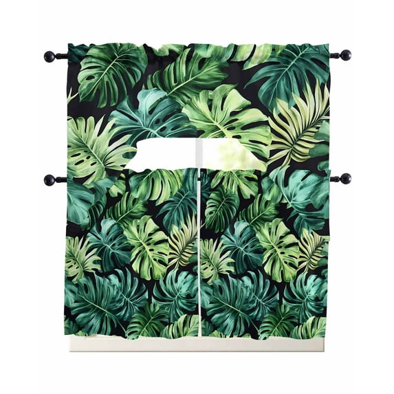 Palm Leaf Kitchen Curtains Swag Valance and Tier Curtains Set 36 Inch Length, Green Tropical Plant Summer Nature Scenery Rod Pocket Drape Panels Pair Swag Curtain for Bathroom/Cafe/Window