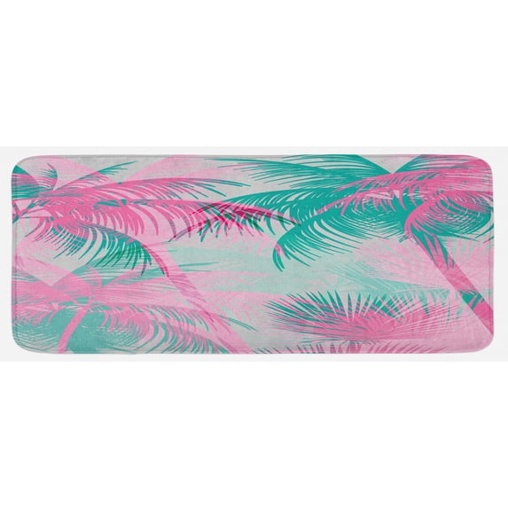 Palm Leaf Kitchen Mat, Beach Party Theme Vibrant Composition Pink and Green Trees Vintage, Plush Decorative Kitchen Mat with Non Slip Backing, 47" X 19", Pink Teal White, by Ambesonne