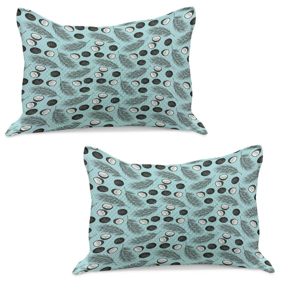 Palm Leaf Knitted Quilt Pillowcover Set of 2, Hawaiian Tropical Pattern with Coconuts and Palm Tree Branches Illustration, Standard Queen Pillow Sham Bedroom, 30" x 20", Aqua Black White, by Ambesonne