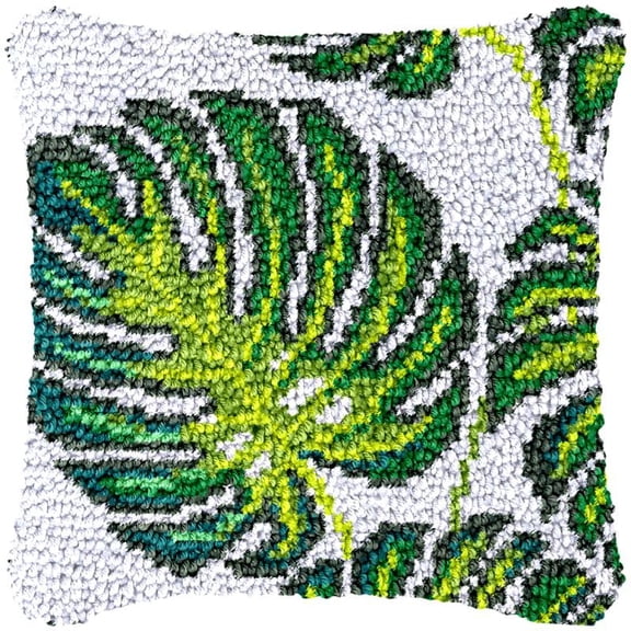 Palm Leaf Latch Hook Pillow Cover Kits for DIY Handmade Throw Pillow Cross Stitch Latch Hook Pillowcase Rug Kits with Preprinted Color Pattern Canvas Crochet Yarn Kits 17''X 17''(fv214)