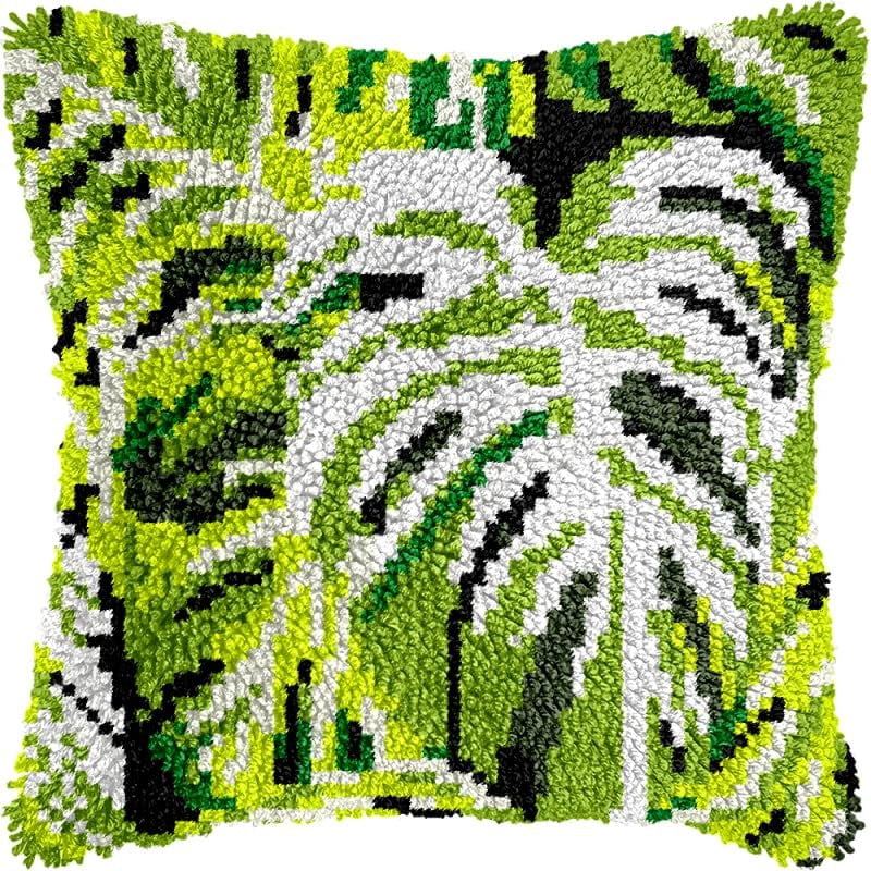 Palm Leaf Latch Hook Pillow Kits Pillow Cover with Pattern Printed Canvas Sofa Hooking Pillowcase Cushion Crafts Embroidery Latch Hooking Crochet Starter Kits 17x17 inch(1)