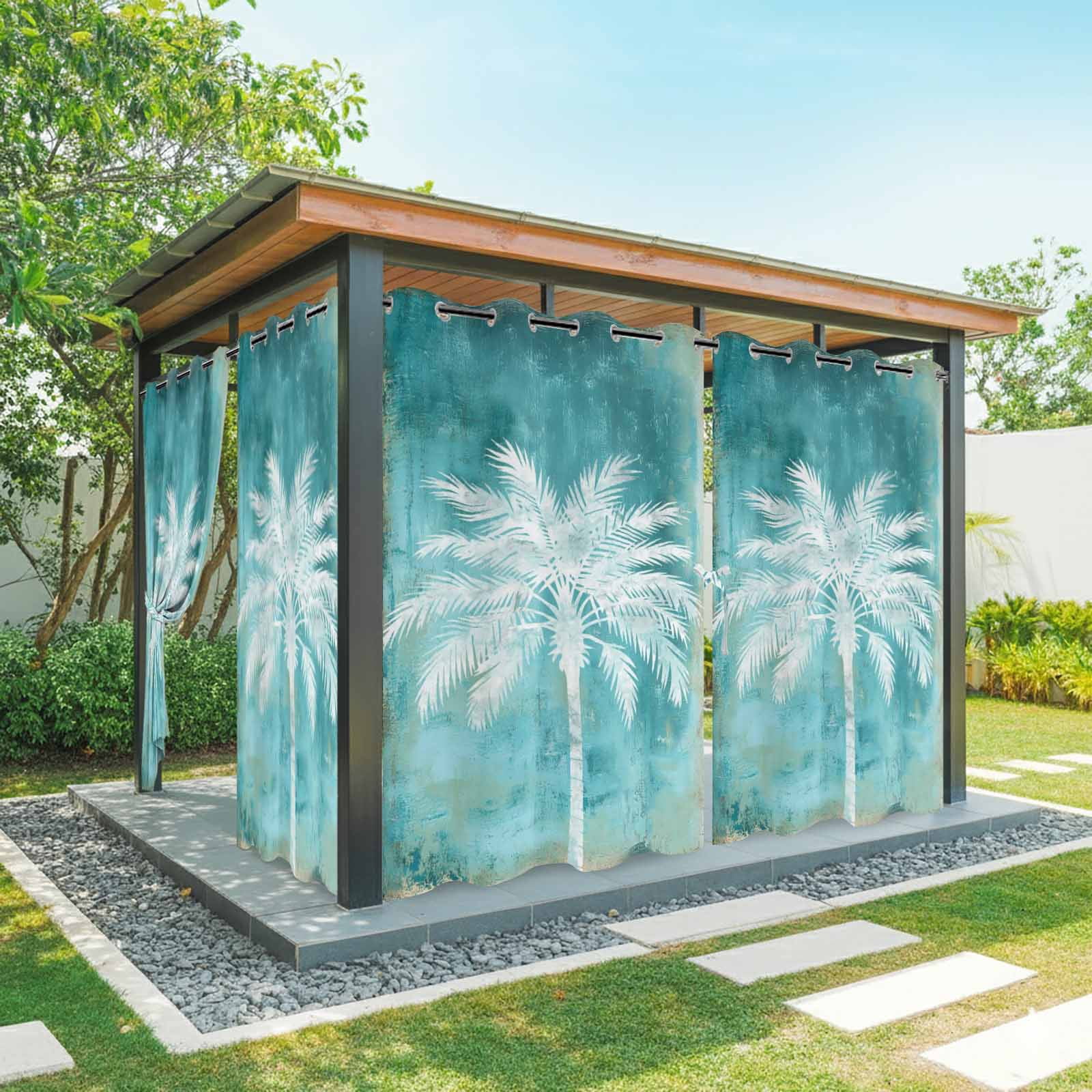 Palm Leaf Outdoor Curtains for Patio, Coastal White Palm Tree Teal Green Sunshade Privacy Drapes Grommet Waterproof Outside Curtains for Porch/Cabana/Balcony 54"x 108", 1 Panel