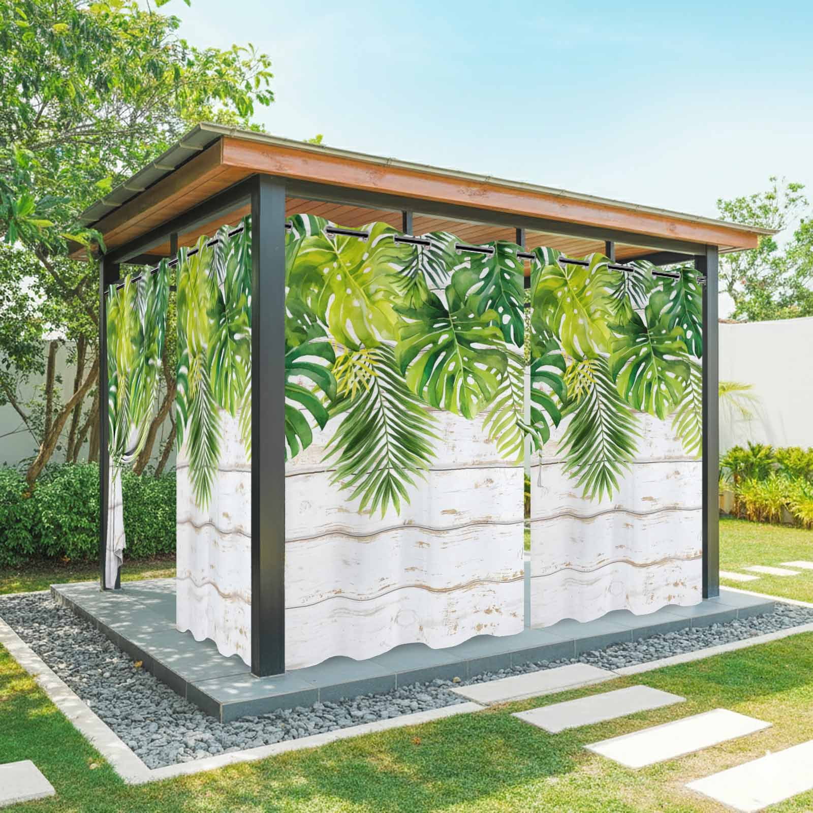 Palm Leaf Outdoor Curtains for Patio, Green Tropical Plant Rustic Country Farm White Wood Grain Sunshade Privacy Drapes Grommet Waterproof Outside Curtains for Porch/Cabana/Balcony 54"x 108", 2 Panel