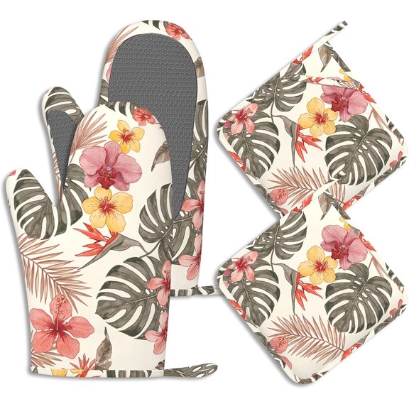 Palm Leaf Oven Mitts and Pot Holders Tropical Hibiscus Flower Silicone Kitchen Accessories Set of 4 Heat Resistant Non-Slip Long Gloves Potholder for Chef Cooking Baking Gifts Women Men