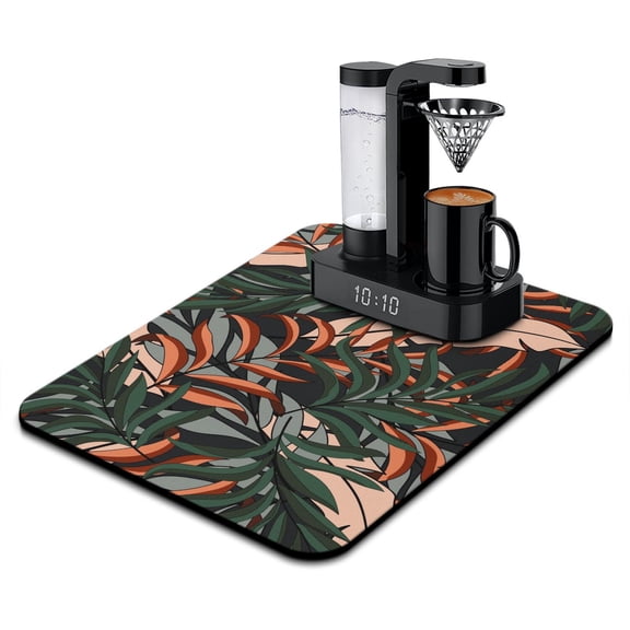 Palm Leaf Pattern Dish Drying Mat, Absorbent Coffee Bar Pad with Diatom Mud, Leak-Proof Kitchen Mat for Summer and Beach Aesthetic
