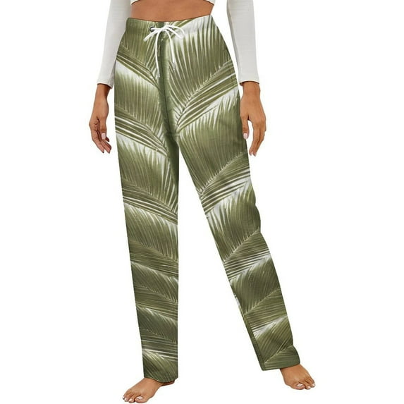 Palm Leaf Pattern Wallpaper Winter Female Pants Flannel High Waist Women Pants Lady Warm Straight Leg Plush Trousers