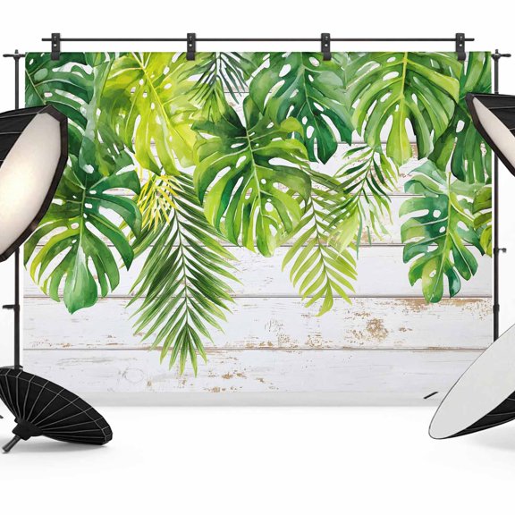 Palm Leaf Photography Backdrop 7x5FT, Green Tropical Plant Rustic Country Farm White Wood Grain Photo Backdrops, Background for Photography Studio Photo Studio Background, Back Drop for Photoshoot