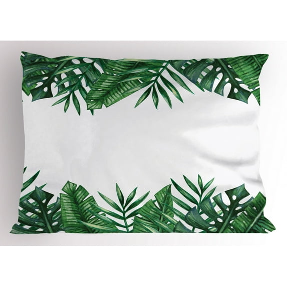 Palm Leaf Pillow Sham Framework with Rainforest Foliage Leaves in Watercolors, Decorative Standard King Size Printed Pillowcase, 36 X 20 Inches, Hunter Green Forest Green White, by Ambesonne