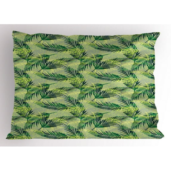 Palm Leaf Pillow Sham Jungle Rainforest Pattern Hand Drawn Green Foliage Lush, Decorative Standard Size Printed Pillowcase, 26 X 20 Inches, Green Pistachio Green Apple Green, by Ambesonne