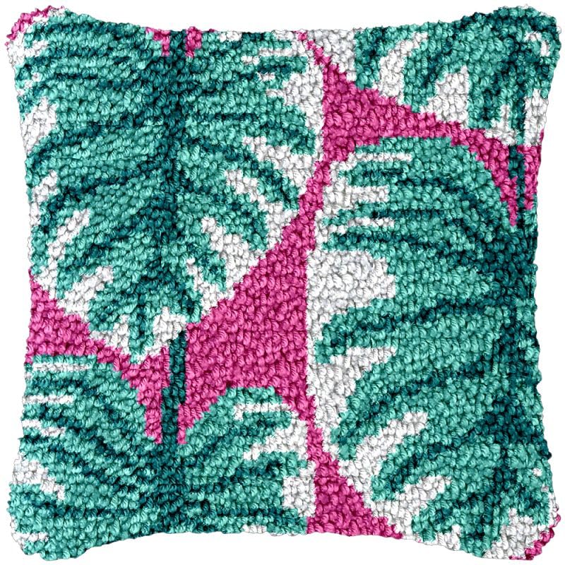 Palm Leaf Pink Latch Hook Pillow Cover Kits for Needlework Cushion Throw Pillow Cross Stitch Crochet Hook Pillowcase Rug Kits Printed Canvas Crochet Yarn Kits Needlework 17'' X 17''