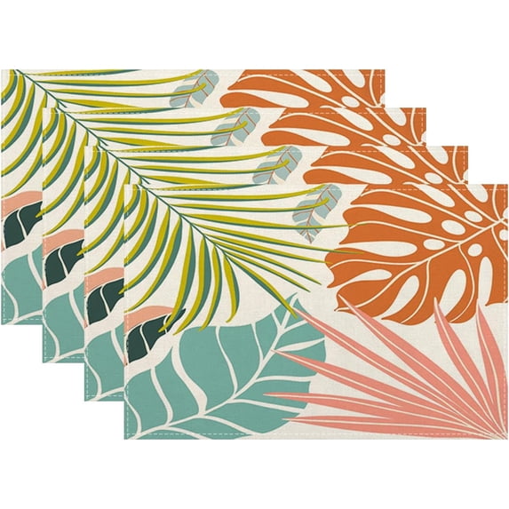 Palm Leaf Placemats Set of 4, Green Blue Coral Tropical Leaf Decorative Table Mat 12 x 18 Inch Heat Resistant Non Slip Line Fabric Summer Place mat for Holiday Party Kitchen Dining Decor