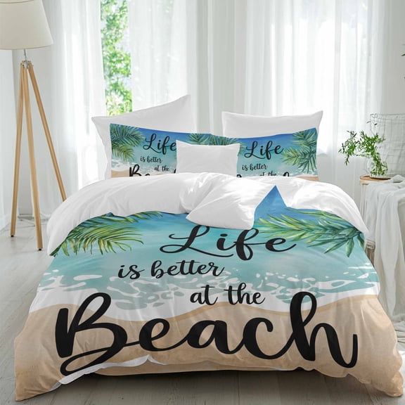 Palm Leaf Queen Size Comforter Set, Life Is Better at The Beach Green Leaf Bedding for All Seasons, 4 Pcs Bed Set, 1Quiltcover (90"x92") ,1Sheet(94"x116"), 2Pillowcases (30"x20")