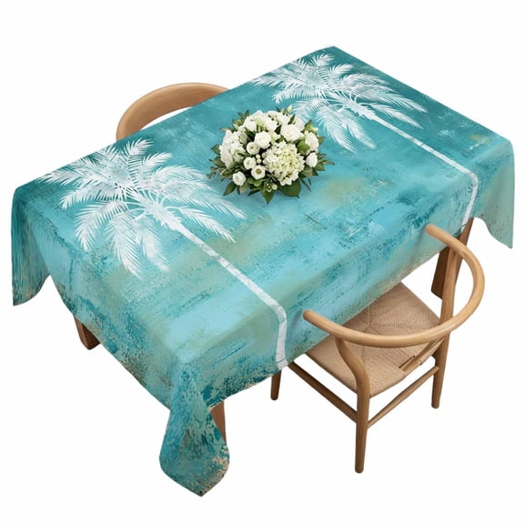 Palm Leaf Rectangle Tablecloth Coastal White Palm Tree Teal Green Waterproof Wrinkle Free Soft Table Cloth Spill-Proof Washable Table Cover for Dining Party Picnic 60 x 120 Inch