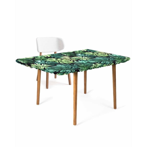 Palm Leaf Rectangle Tablecloth, Waterproof Elastic Fitted Table Covers for 4 Foot Tables, 24x50inch Decorative Tablecloths for Picnic, Camping, Outdoor, Green Tropical Plant Summer Nature Scenery