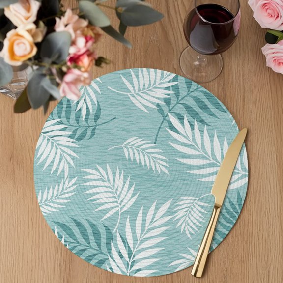 Palm Leaf Round Braided Placemats Set of 4, Tropical Foliage White Teal Green Fern Fronds Rustic Heat Insulation Place Mats Washable Non-Slip Table Mats for Kitchen Dining Party, 13 Inches