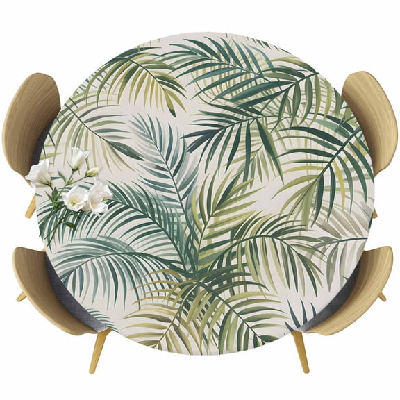 Palm Leaf Round Tablecloth 55-60 Inch Round Fitted Table Cloth with Elastic Edge, Green Tropical Plant Summer Botanical Waterproof Table Cover Protector for Outdoor Picnic Party Dining