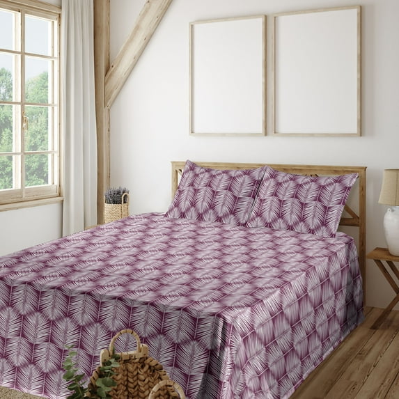 Ambesonne Palm Leaf Fitted & Flat Sheet with Sham 3 Pcs Set, Plum Tropic Leaves Exotic, Twin XL, Plum and White