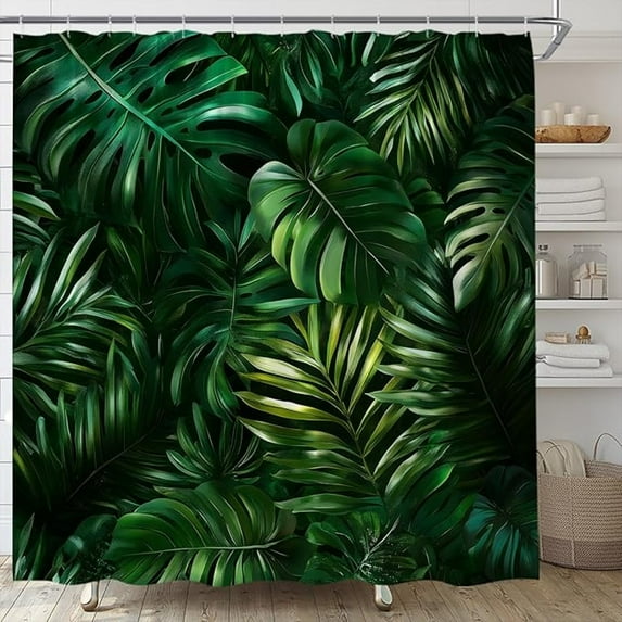 Palm Leaf Shower Curtain Tropical Green Leaves Monstera Botanical Plant Banana Nature Jungle Aesthetic Fabric Bathroom Decor Set With Hooks 72"W x 72"L