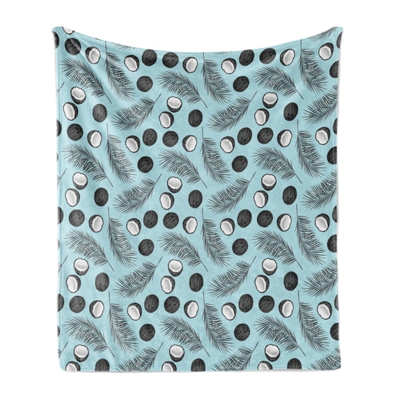 Palm Leaf Soft Flannel Fleece Blanket, Hawaiian Tropical Pattern with Coconuts and Palm Tree Branches Illustration, Cozy Plush for Indoor and Outdoor Use, 50" x 70", Aqua Black White, by Ambesonne