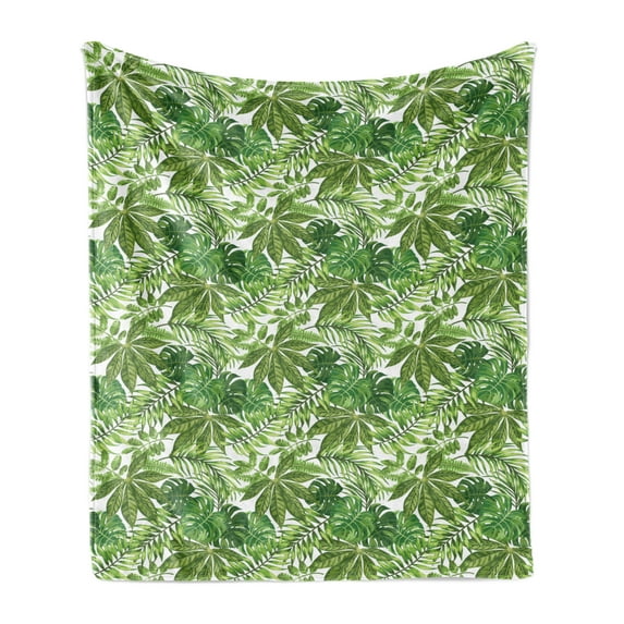 Palm Leaf Soft Flannel Fleece Blanket, Mix of Jungle Foliage Leaves Madagascar Aloha Botanical Forest Plant, Cozy Plush for Indoor and Outdoor Use, 70" x 90", Green Olive Green White, by Ambesonne