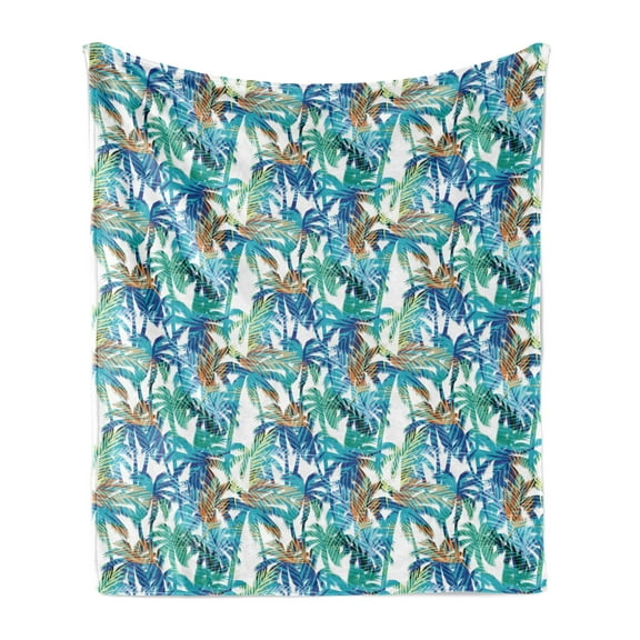 Palm Leaf Soft Flannel Fleece Blanket, Tropical Summer Print with Palm Abstract Nature Pattern Fantasy Dream, Cozy Plush for Indoor and Outdoor Use, 50" x 70", Blue Mint Green Orange, by Ambesonne