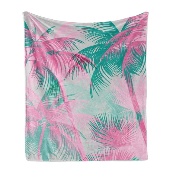 Palm Leaf Soft Flannel Fleece Throw Blanket, Beach Party Theme Vibrant Composition Pink and Green Trees Vintage, Cozy Plush for Indoor and Outdoor Use, 50" x 70", Pink Teal White, by Ambesonne