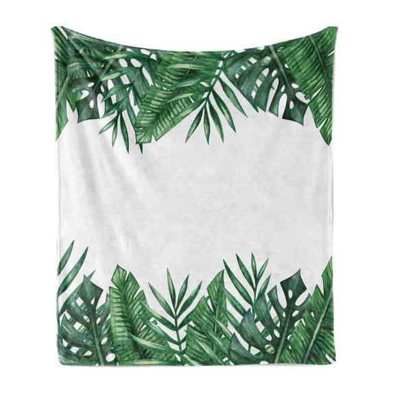Palm Leaf Soft Flannel Fleece Throw Blanket, Framework with Rainforest Foliage Leaves in Watercolors, Cozy Plush for Indoor and Outdoor Use, 70" x 90", Hunter Green, by Ambesonne