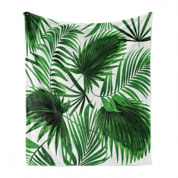 Palm Leaf Soft Flannel Fleece Throw Blanket, Realistic Vivid Leaves of Palm Tree Growth Ecology Botany Themed Print, Cozy Plush for Indoor and Outdoor Use, 50" x 70", Fern Green White, by Ambesonne