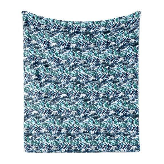 Palm Leaf Soft Flannel Fleece Throw Blanket, Watercolor Pattern with Various Leaves Tropical Nature Inspired, Cozy Plush for Indoor and Outdoor Use, 50" x 70", Turquoise Navy Blue, by Ambesonne