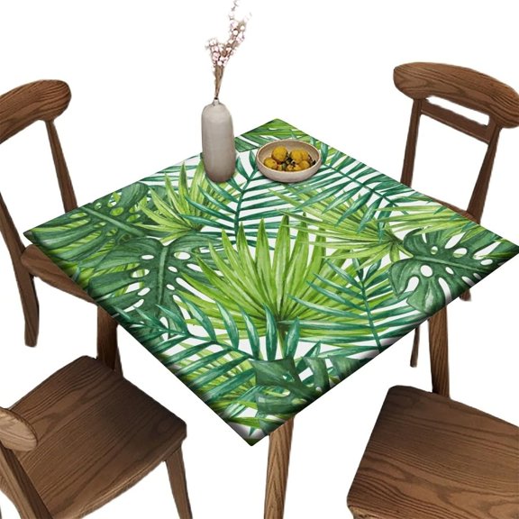 Palm Leaf Square Tablecloth, Waterproof Fitted Table Cloth for Outdoor Indoor Picnic, Tropical Plant Print Wipeable Elastic Polyester Table Cover, Fits Tables up to 36" Square
