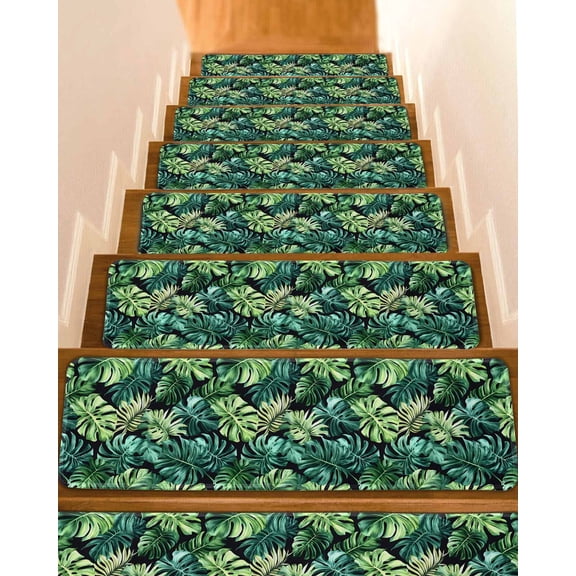 Palm Leaf Stair Treads for Wooden Steps Indoor Runner Rug Carpet, Green Tropical Plant Summer Nature Scenery 4 Pieces Peel and Stick Staircase Step Treads Covers Washable Throw Door Mats, 30"x8"