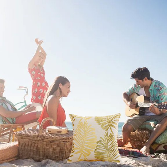 Palm Leaf Stamping Leaves Decorative Square Throw Pillow Covers - Beach Style Pillow Cushion Cover - Fall Cushion Cases for Sofa Bedroom Couch 17.71×17.71inch Yellow