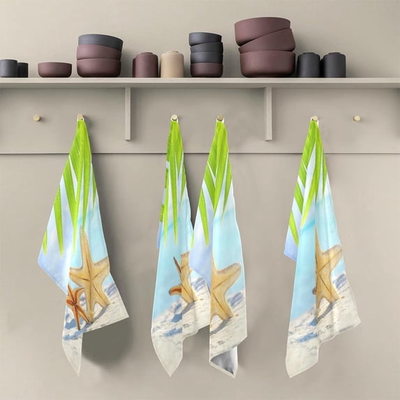 Palm Leaf Starfishs Tea Towels Set of 6 Sandy Beach Kitchen Dish Cloth with Hanging Loop, 18"x28"Lint-Free Absorbent Towel for Kitchen Drying Wiping and Cleaning
