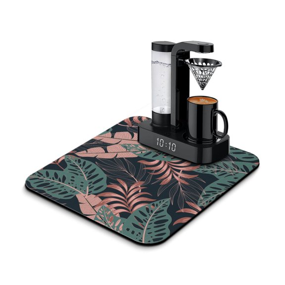 Palm Leaf Summer Coffee Bar Mat, Absorbent Diatom Mud Kitchen Mat, Leak-Proof and Quick Dry Dish Pad for Vibrant Aloha Decor
