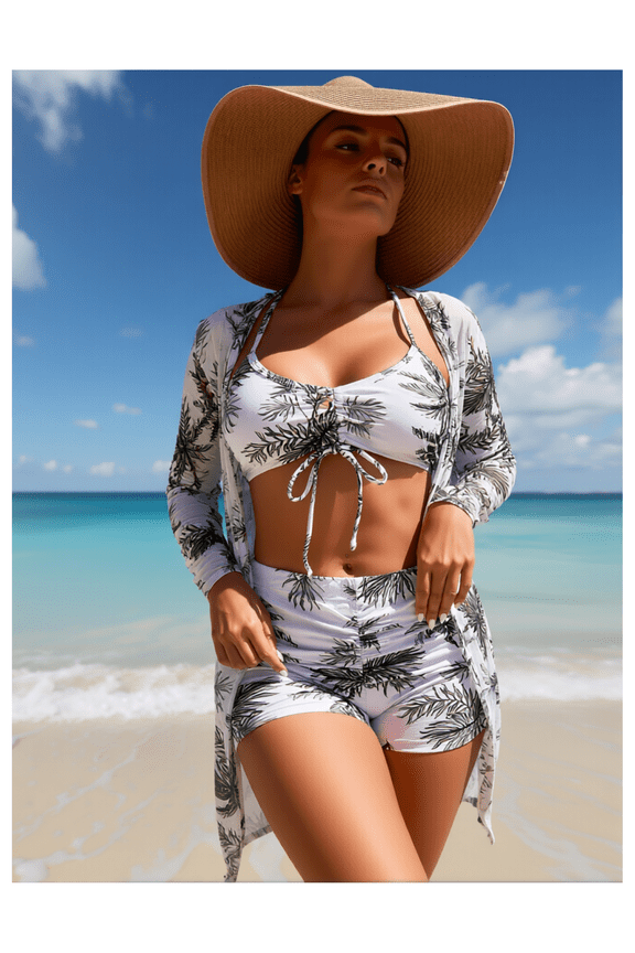 Palm Leaf Swimsuit Set - Women's 3 Piece Bathing Suit Halter Bikini with Long Sleeve Cover Up & Shorts; Tropical Print Beachwear for Vacation, Summer, Pool