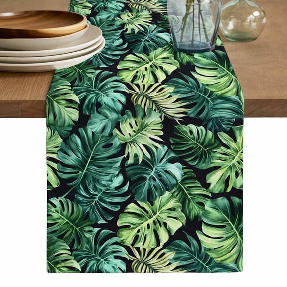 Palm Leaf Table Runner, Green Tropical Plant Summer Nature Scenery Washable Cotton Linen Table Runners 36 Inches Long, Dresser Scarf Runner for Nightstand/End Tables/Round Tables 13''x36''