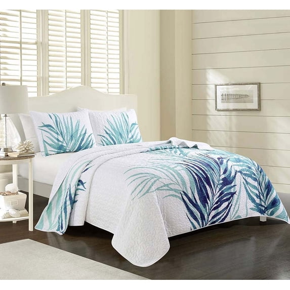 Palm Leaf Tropical Garden 2-Piece Ultra-Soft Microfiber Quilt Set, Blue/Green, Twin