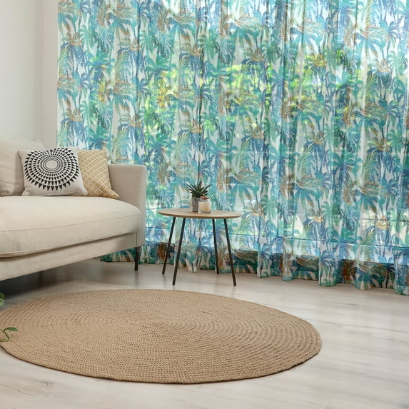 Palm Leaf Tulle Curtains with Rod Pocket, Tropical Summer Print with Palm Abstract Nature Pattern Fantasy Dream, Sheer Drape for Wedding Party 2 Panels, 7 Sizes, Blue Mint Green Orange, by Ambesonne