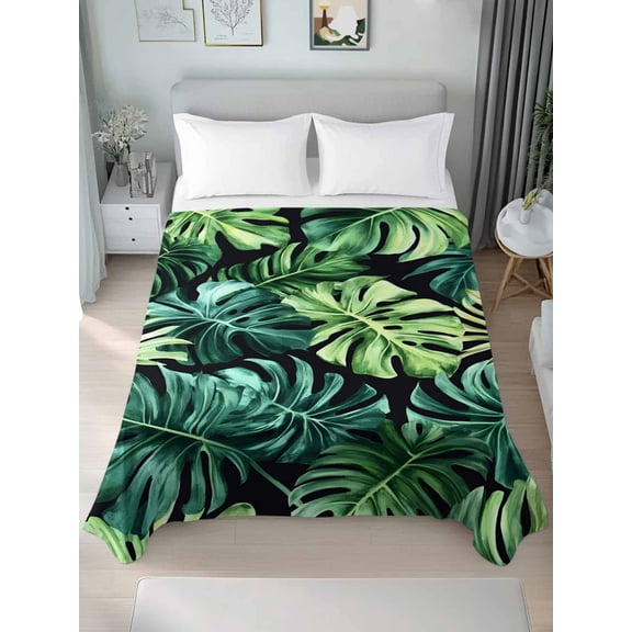 Palm Leaf Twim Size Flat Sheet, Wrinkleproof & Fadeproof Cooling Flat Bed Sheet Only, Green Tropical Plant Summer Nature Scenery Breathable Soft Bedding Top Sheets 66 x 96 Inches