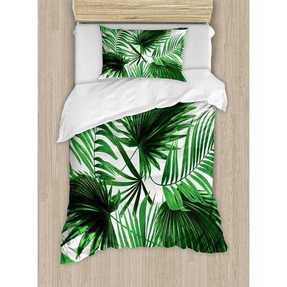 Palm Leaf Twin Size Duvet Cover Set, Realistic Vivid Leaves of Palm Tree Growth Ecology Lush Botany Themed Print, Decorative 2 Piece Bedding Set with 1 Pillow Sham, Fern Green White, by Ambesonne